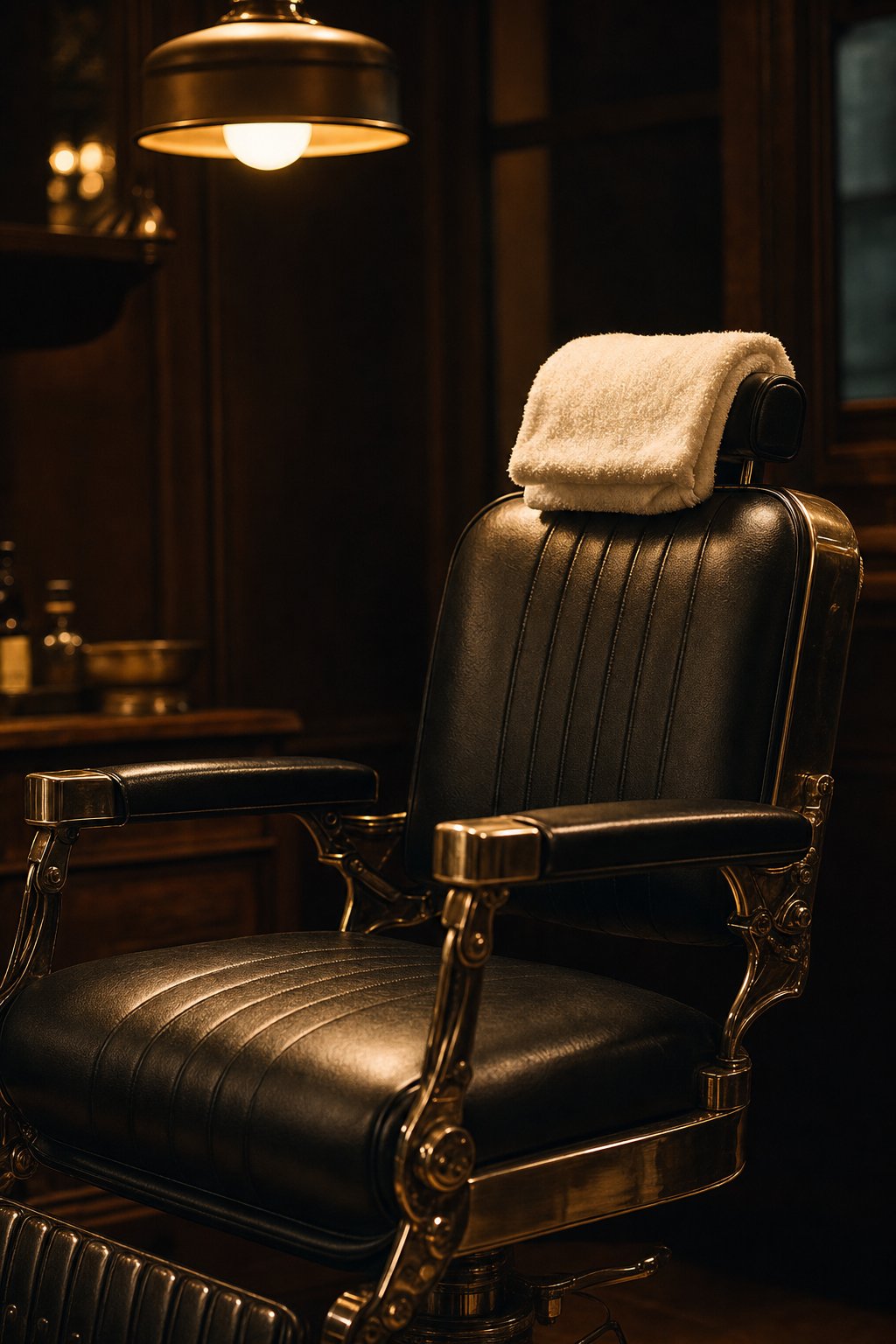 Vintage leather barber chair with a hot towel