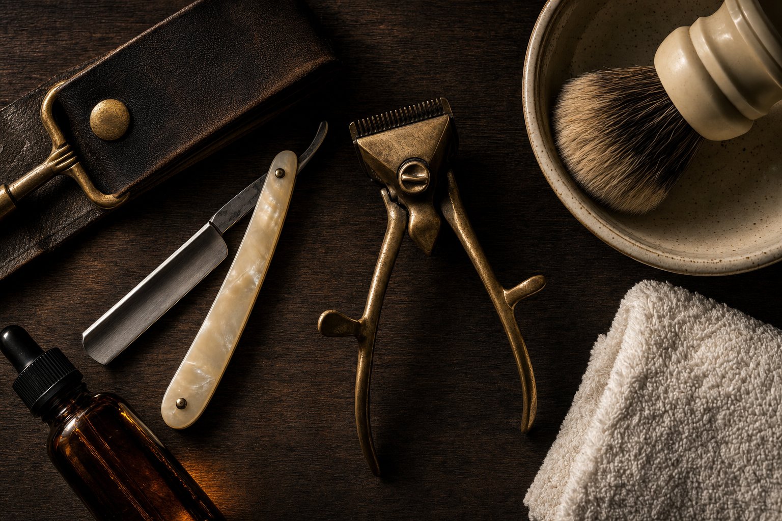 Barber tools laid out on dark wood